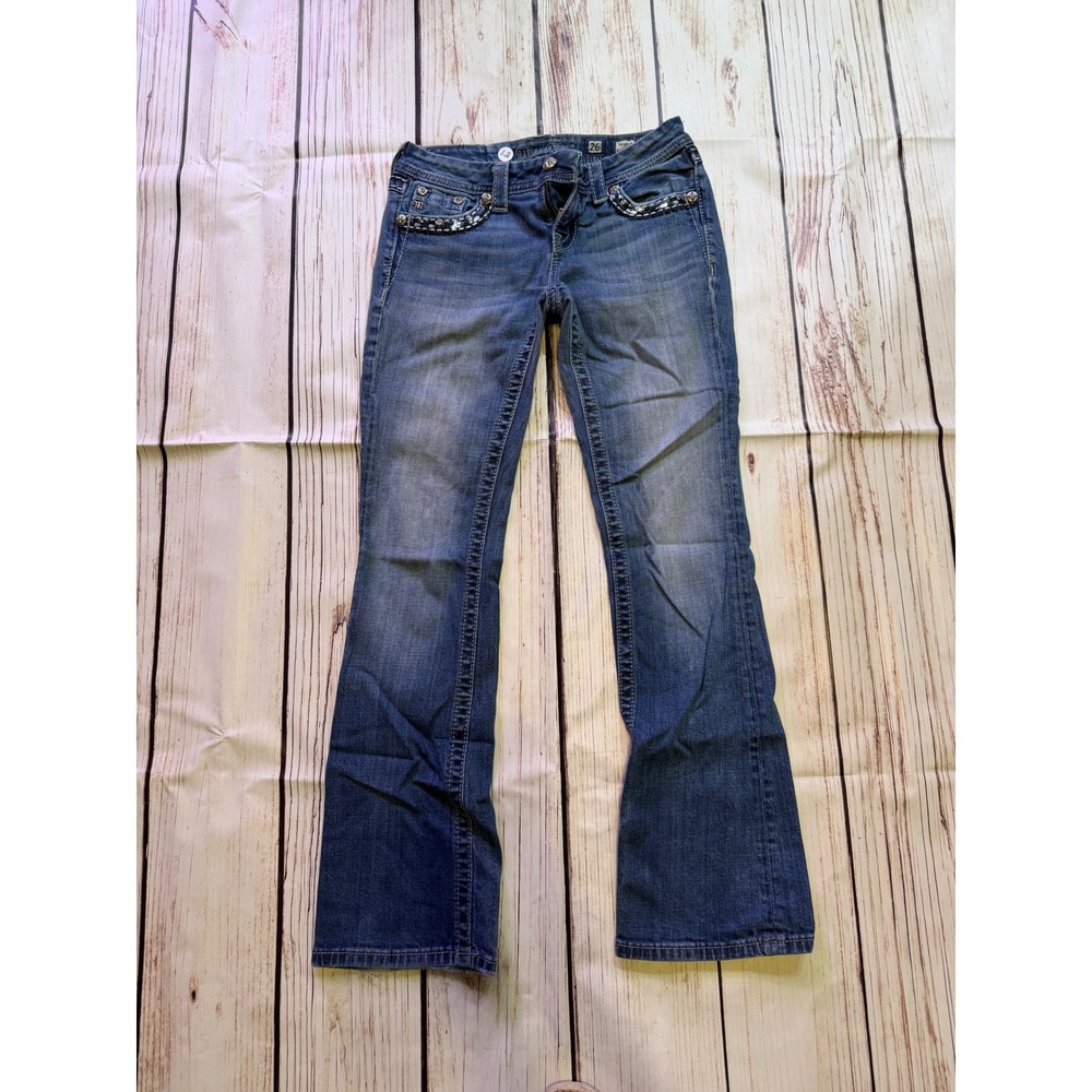 Miss Me Easy Boot Jeans Women 26 Blue Medium Wash Sequin Embellished Flap Pocket